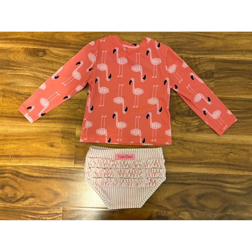 Hanna Andersson Flamingo Rashguard & RuffleButts Pink Seersucker Bottoms, Size 3